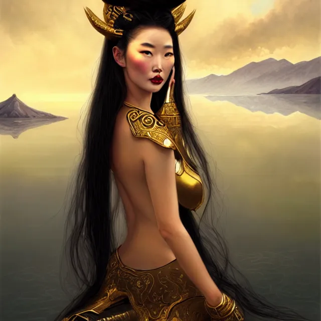 Prompt: cinematic portrait of a sexy mongolian princess in a sensual pose fully covered with golden ornate armor, sexy face with full makeup, in the art style of bowater, charlie, brom, gerald, with lake baikal in the background, astrophotography