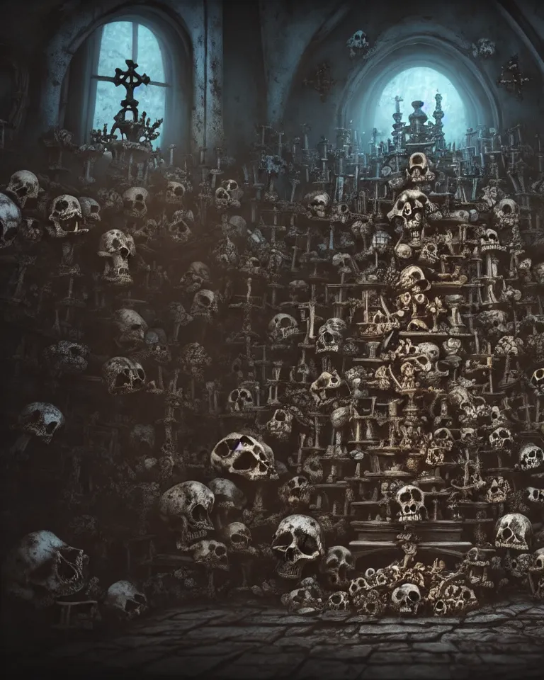 Image similar to full color, low wide shot of sedlec ossuary, bones, anime style mixed with fujifilm, dark, foggy, atmospheric, artstation, cgsociety, octane render, cgi, unreal engine 5, denoise, detailed, cinematic masterpiece