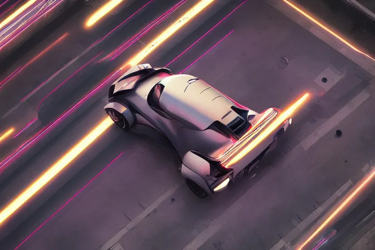 Image similar to quantum entanglement的synthwave sports car ,by Austin English ,cinema lighting,A bird's-eye view,camera view from above ,Game scene graph , very high detailed Unreal engine Works ADV