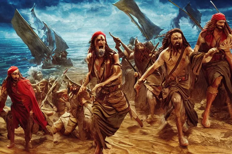 Prompt: film still of Moses parting the Red Sea, BUT it’s full of pirate ghost zombies AND a singular phantom flaming pirate ship | IN THE STYLE OF modern comic books, pirates of the Caribbean, Jack Kirby, Stan Lee, Jonathan Hickman, Dungeons and Dragons, Magic the Gathering | RENDERED WITH perfect facial symmetry, clear faces, cinematic, golden ratio, rule of thirds, stunning architecture, rich, vibrant colors, epic, cinematic, 4k octane render, cinematic lighting, lens flares, realistic