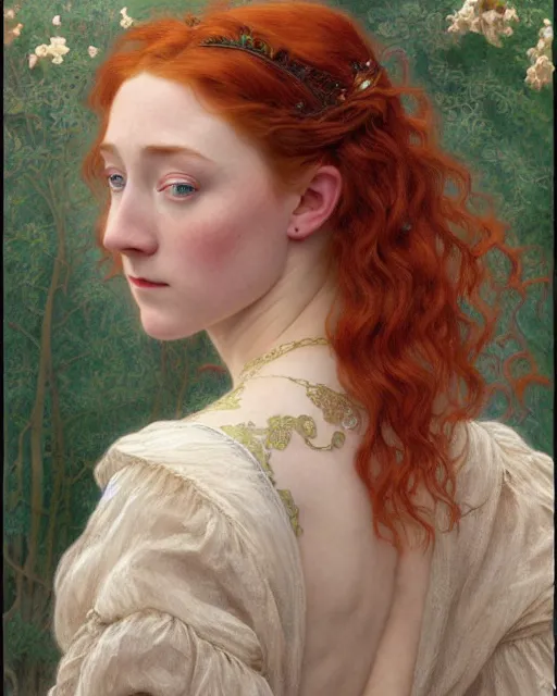 Image similar to intricate art nouveau oil painting of redheaded young saoirse ronan or redheaded millie bobby brown wearing an intricate lace dress, highly detailed, intricate, elegant, digital painting, smooth, sharp focus, illustration, ultra realistic, 8 k, by bouguereau, alphonse mucha, artgerm, and donato giancola