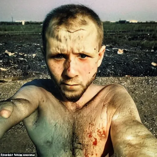 Image similar to radiation eats a ukrainian and his children alive, wild pain and desperate selfies, against the backdrop of a huge nuclear explosion from which the skin has already burned to the bone