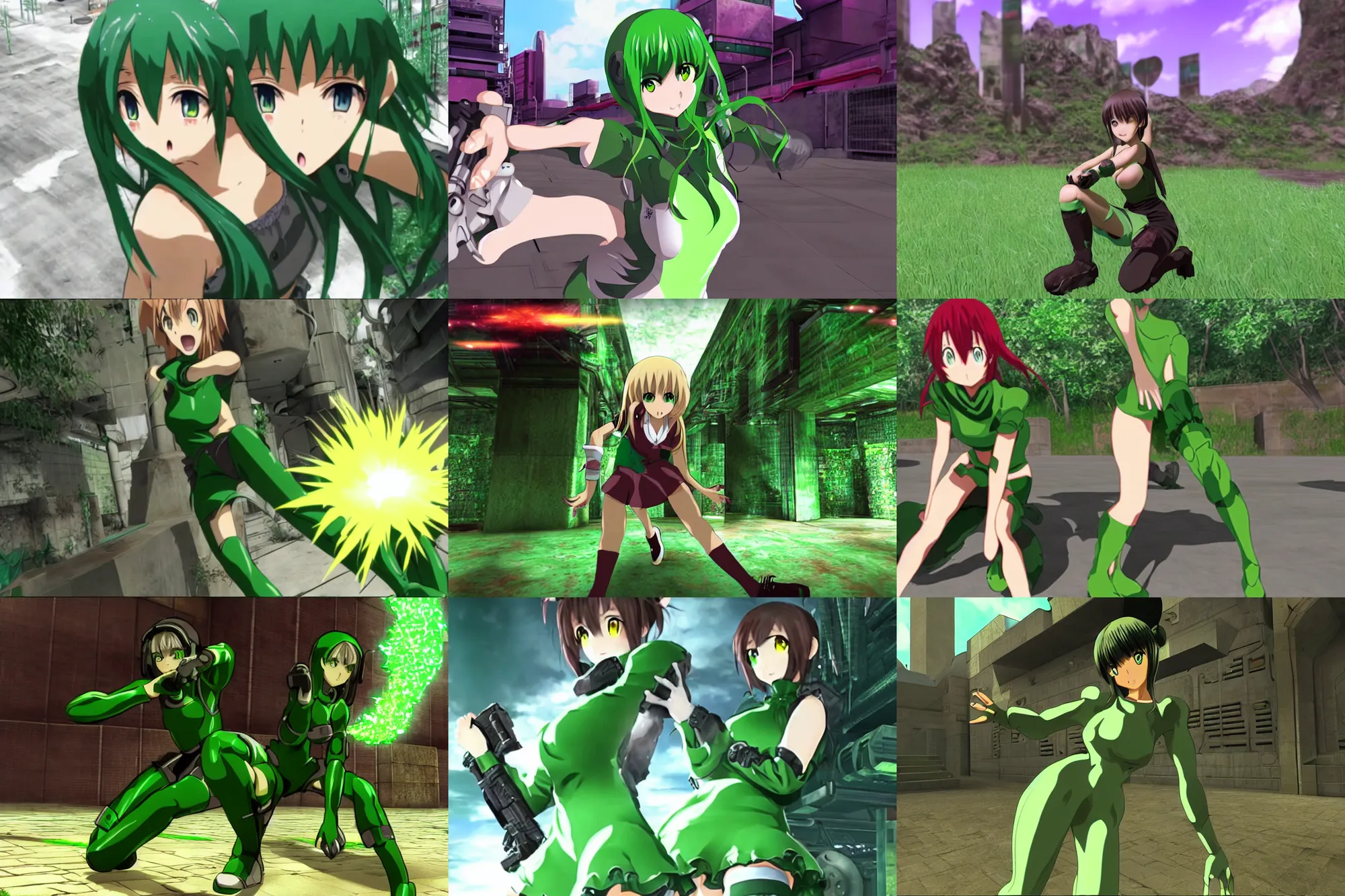 Image similar to an green anime girl in a screenshot of the video game doom, the anime girl is crouching, detailed