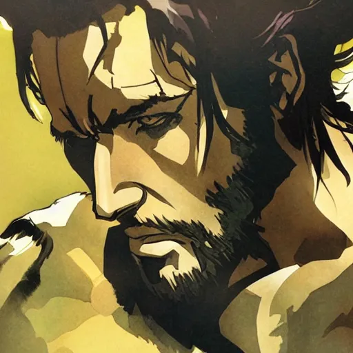 Prompt: jesus in a jojo dramatic pose, illustration by yoji shinkawa and greg rutkowski