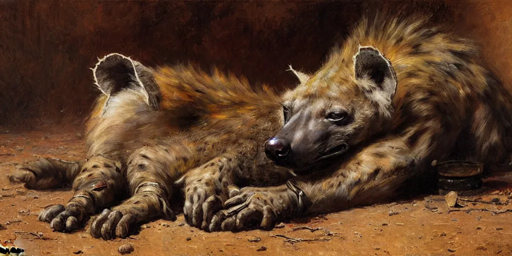 Image similar to an exhausted hyena wearing tshit and jeans sitting on the floor. highly detailed painting by gaston bussiere, craig mullins, j. c. leyendecker 8 k