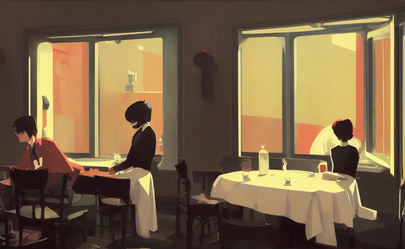 Prompt: a mysterious dinner scene illustration by atey ghailan and escher and edward hopper, japanese surreal