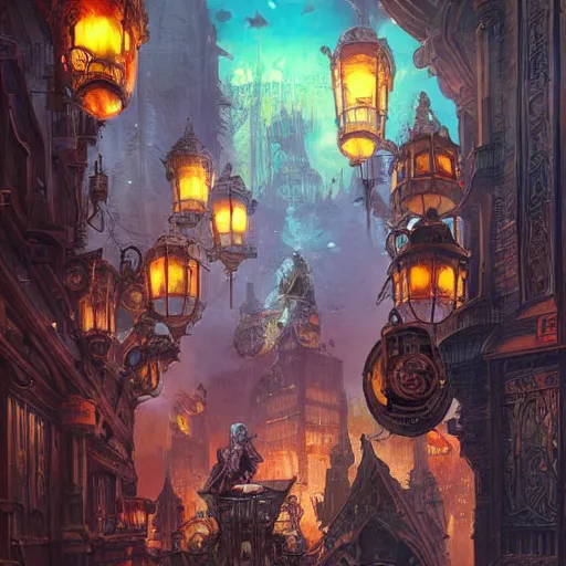 Prompt: steampunk city, magic library, carving on southern ice porcelain , overdetailed art, by greg rutkowski, by Alfons Mucha, complementing colors, magic, colorful lights, fireflies, detailed illustration