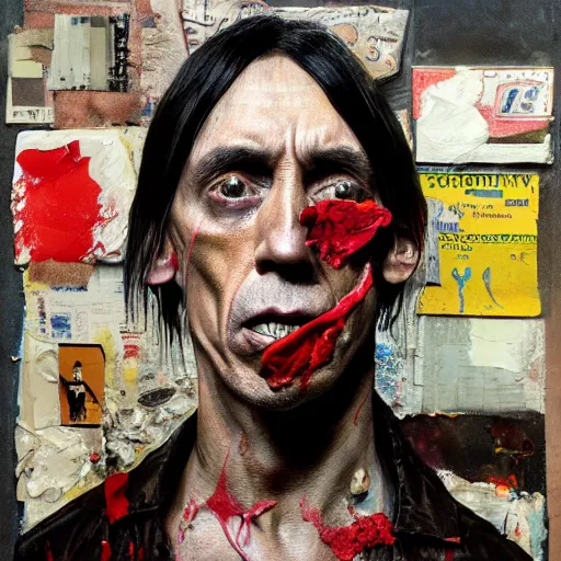 Image similar to hyperrealistic, photorealistic, mixed media oil painting of iggy pop, magazine scraps, plaster, blood, oil, mustard, cigarettes, splatter, trending on artstation, award - winning painting, greg rutkowski, basquiat, ralph steadman, terry gilliam