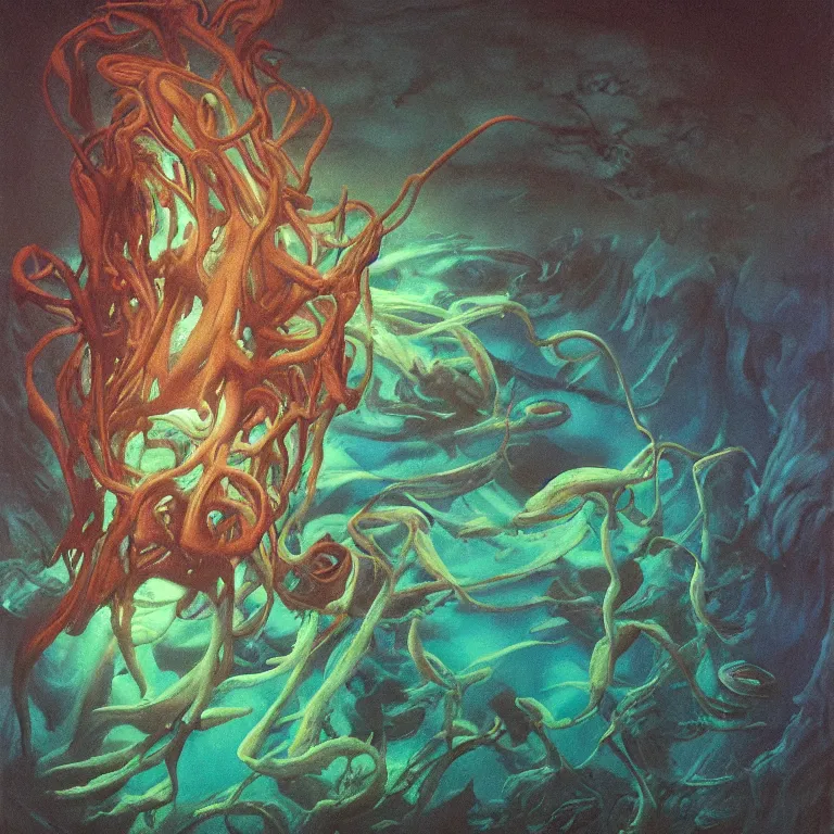 Prompt: Hyperrealistic intensely colored studio Photograph portrait of a deep sea bioluminescent Leather Boot deep underwater in darkness long exposure, award-winning nature deep sea expressionistic impasto heavy brushstrokes oil painting by Audubon and Zdzisław Beksiński vivid colors hyperrealism 8k