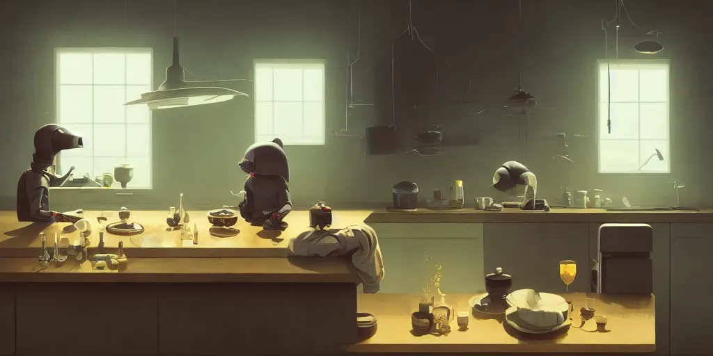 Image similar to minimalistic kitchen dim lit by a candle ripped physique simon stalenhag gerald brom bastien grivet by greg rutkowski, fisheye camera, extreme perspective