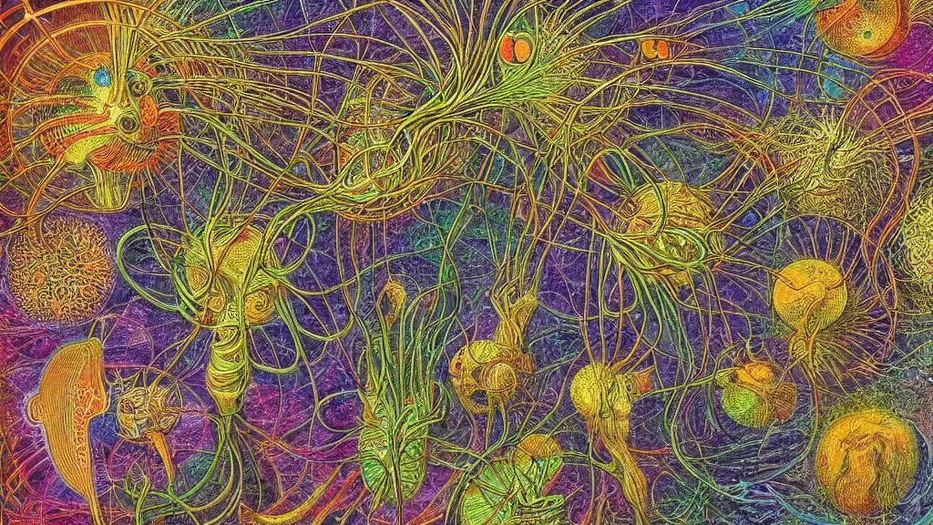 Prompt: quantum connections represented as symbiotic organisms like cells playing around with colorful lights by ernst haeckel, dark