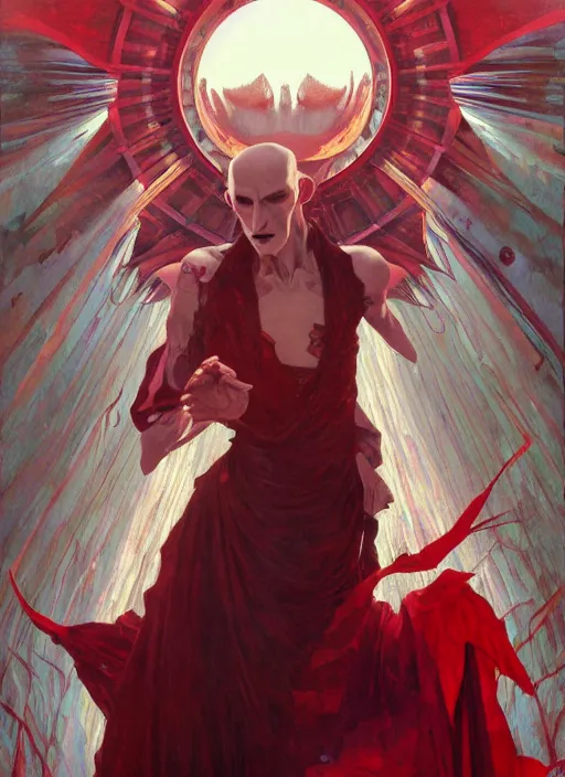 Image similar to symmetry! portrait of nosferatu, red spike aura in motion, floating pieces, painted art by tsuyoshi nagano, greg rutkowski, artgerm, alphonse mucha, spike painting