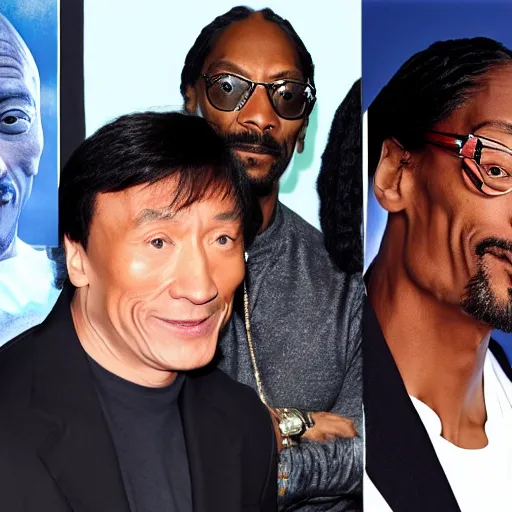 Image similar to a picture of Dwayne Johnson, snoop Dogg and Jackie Chan posing together for the camera