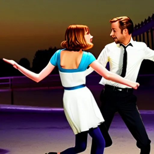 Prompt: the couple of La La Land as two gay men, dancing