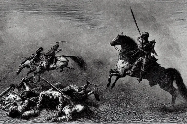 Prompt: A huge rider on a horse knocks out an infantryman in the middle of an epic battle , Gustave Dore lithography