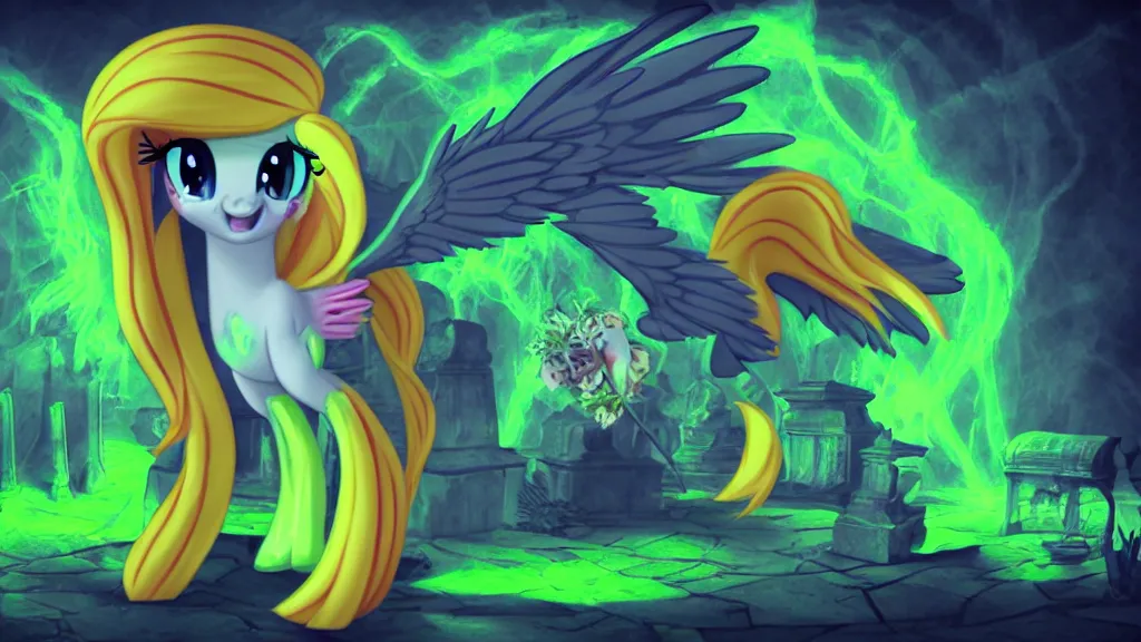 Image similar to 3D Fluttershy from My Little Pony as a necromancer, standing over a tomb stone, bright green swirls coming up it, glowing aura around her, pitch black background, dramatic and colorful lighting, she is surrounded by green chibi glowing skulls, smoke all around, insane special effects, unrealengine, 4k, HDR, unique camera angle, bones lying on the ground, inside a crypt, skeletons rising from the dead