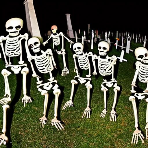 Prompt: wide angle photograph of a group of skeletons having a night party, dancing and having fun, in a party decorated cemetery