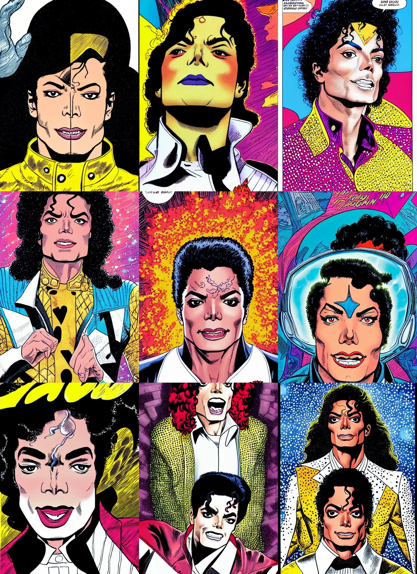 Image similar to dynamic macro head portrait of beautifu michael jackson super hero in white sequined jacket by john romita sr and cory walker and ryan ottley and jack kirby and barry windsor - smith, comic, illustration, photo real