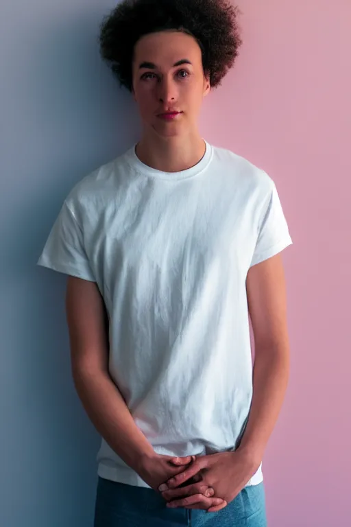 Prompt: a high definition film photograph of a normal mixed race androgynous robot human wearing a plain white t - shirt, in a pastel pink office. friendly. window. crushed shadows. three point light.