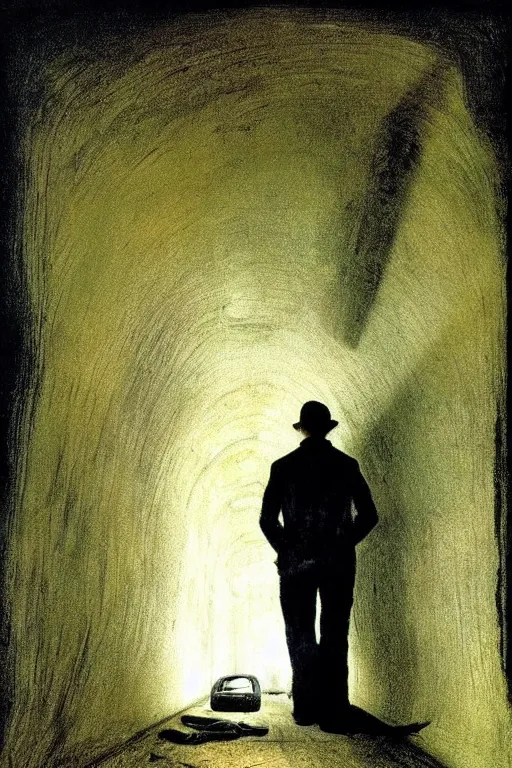 Image similar to Andrew Wyeth artwork, A man with a wooden box under his arm stands inside a dark tunnel, looking up with an expression of horror