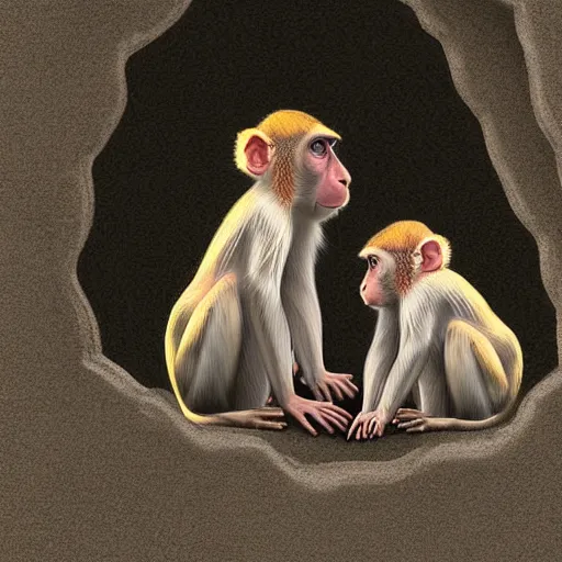 Image similar to two macaques looking at each other inside ancient cave, digital art, soft shadows, creepy art, drawn by shadman