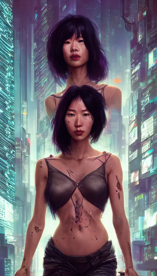 Prompt: cyberpunk, perfectly-centered-Portrait of the most beautiful women on the planet, sweaty, asian, full body, dynamic action pose, insane, intricate, highly detailed, digital painting, artstation, concept art, smooth, sharp focus, illustration, Unreal Engine 5, 8K, art by artgerm and greg rutkowski and alphonse mucha