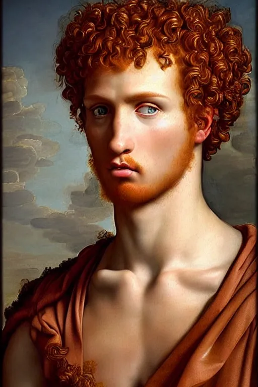 Image similar to renaissance painting of beautiful redhead man, curly hair, pleading face, tears dripping from the eyes, emotions closeup, dressed in roman armour, ultra detailed, made in bronze, art by Guido Reni style, Vincenzo Catena style