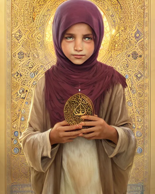 Image similar to a faceless bedouin child infront of a big open quran highly detailed, gold filigree, romantic storybook fantasy, soft cinematic lighting, award, disney concept art watercolor illustration by mandy jurgens and alphonse mucha and alena aenami, pastel color palette, featured on artstation