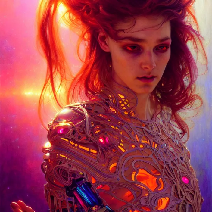 Image similar to bright psychedelic cyborg, glowing skin, long hair, diffuse lighting, fantasy, intricate, elegant, highly detailed, lifelike, photorealistic, digital painting, artstation, illustration, concept art, smooth, sharp focus, art by John Collier and Albert Aublet and Krenz Cushart and Artem Demura and Alphonse Mucha