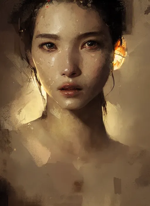 Image similar to female geshia girl, beautiful face, rule of thirds, intricate outfit, spotlight, digital painting, by greg rutkowski, by jeremy mann,