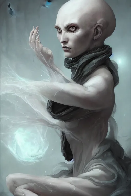 Prompt: a humanoid creature with pale white skin and intricate designs inset into its skin. the creature is bald. it is wearing a black flowing cloak that looks like mist. art by peter mohrbacher.