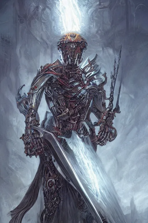 Image similar to Biomechanical Sword Imbued with the Power of Lightning, fantasy, magic, digital art, professional art by Seb McKinnon and WLOP and artgerm, illustration