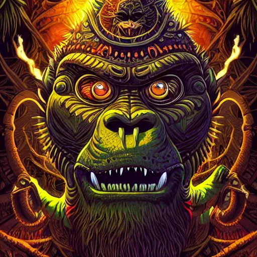 Image similar to barong family member, wiwek, mara demon, one single tribe member, jungle, one single mask, dark, ancient warrior, gorilla, lizard, tribal, inner glow, art by dan mumford and justin gerard