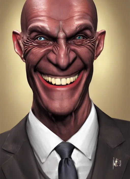 Image similar to a hyper realistic portrait of a smiling male alien in a suit for advertisement, artstation