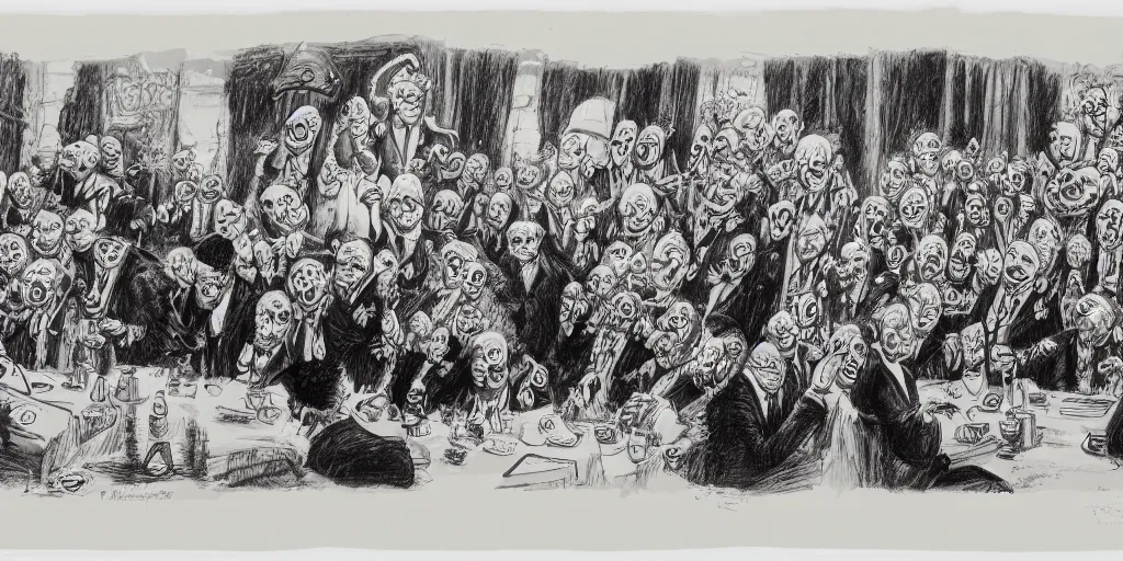 Image similar to A beautiful pen and ink drawing of a congress made of clowns, by ralph steadman, red and black ink, on parchment, ultra detailed