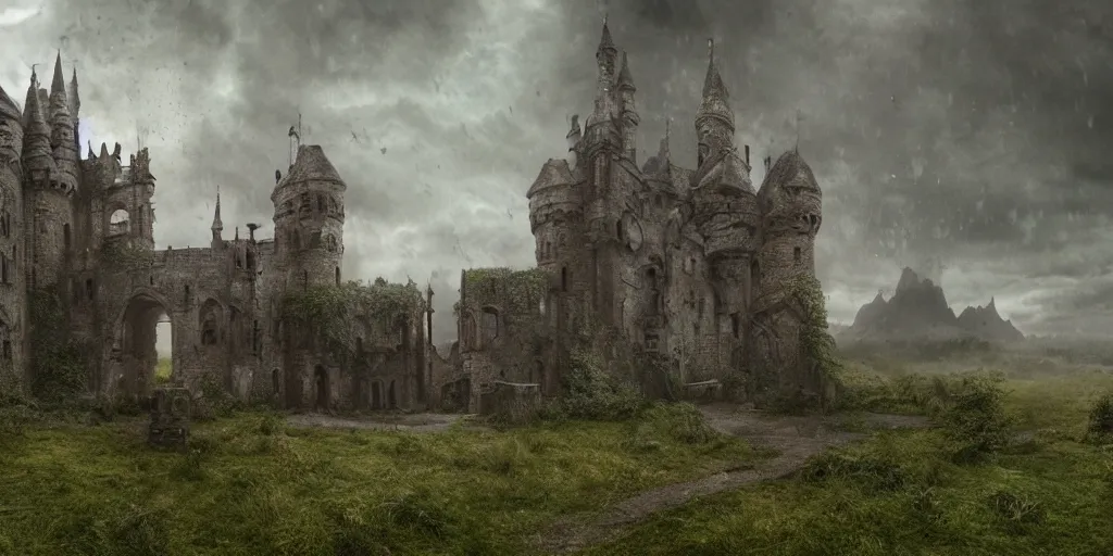 Image similar to matte painting, castle, dramatic landscape, overgrown, cinematic, overcast, interior light, rain