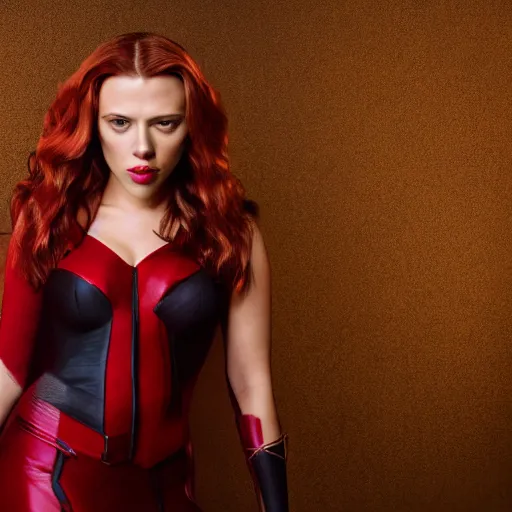 Image similar to scarlett johansson as the scarlet witch, studio lighting, photographic portrait, sigma 8 5 mm lens