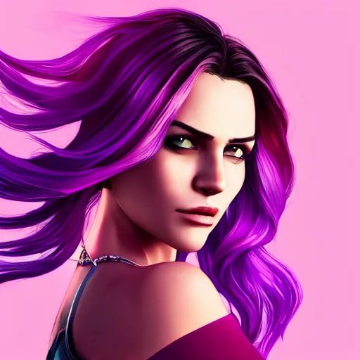 Image similar to a stunning GTA V loading screen with a beautiful woman with ombre hairstyle in purple and pink blowing in the wind, city streets, golden ratio, digital art, trending on artstation