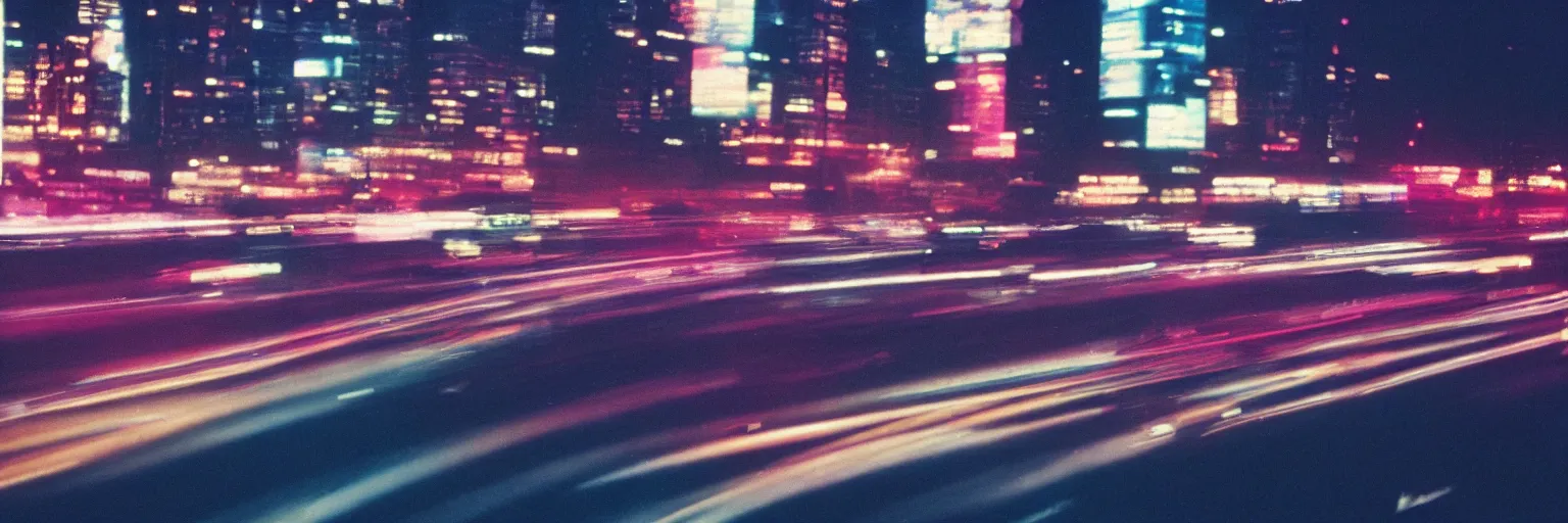 Image similar to 8 0 s neon movie still, portrait of high speed blurred traffic by the river with city in background, medium format color photography, movie directed by kar wai wong, hyperrealistic, photorealistic, high definition, highly detailed, tehnicolor, anamorphic lens