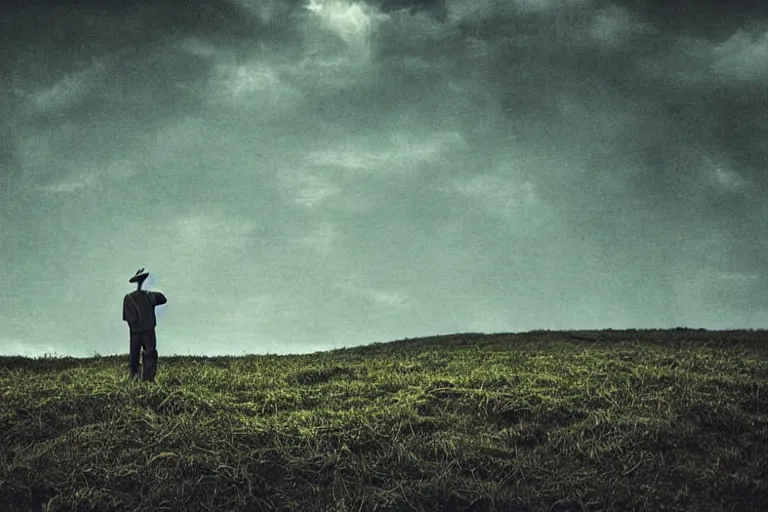 Image similar to “Close-up of a 100 year old man standing on top of the ladders looking at the sky. Large green field, mountains and sea in the background. Dark, surreal, cinematic lighting. In the style of Robert ParkeHarrison”