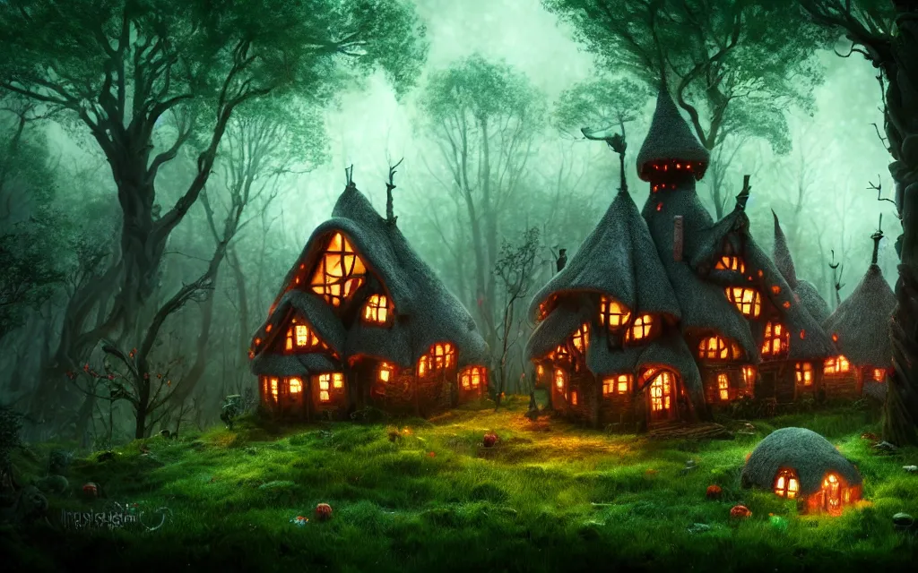 Image similar to gloomy fairytale forest with a singular witches cottage made of candy in the distance, visual novel key visual, award - winning digital art on pixiv, trending on artstation, cinematic lighting, dramatic lighting, epic cinematic, stunning and beautiful scenery - highly detailed, hyperrealistic, unreal engine 5, in the style of tim burton and guillermo del toro