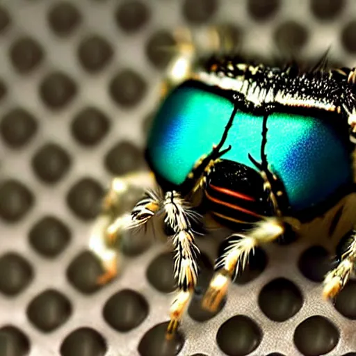 Image similar to a jumping spider using tiny computer keyboard tiny, by pixar, macro lens, iridescent, photomontage