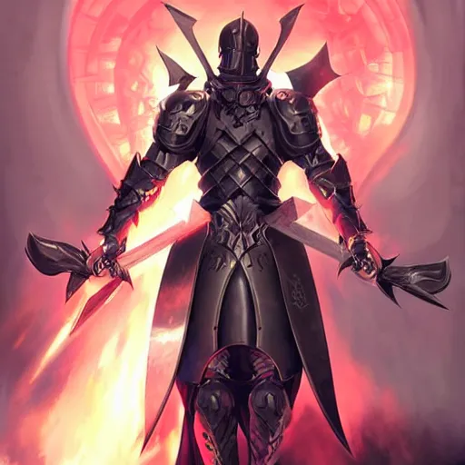 Image similar to Knight with black greatsword and black plate armour, one-eyed, emitting evil red aura, armor merging with body, full body shot, anime style, 90's modern art, art by artgerm and greg rutkowski and alphonse mucha