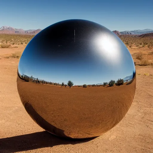 Image similar to a large metallic ball with a mirror finish sits in the arizona desert, photorealistic