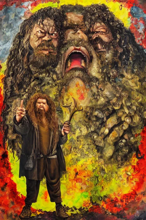 Image similar to surreal a hulking herculean hagrid in a post apocalyptic hellscape, esoteric symbolism, intense emotional power, red yellow black, palette knife oil painting by peter booth and william blake