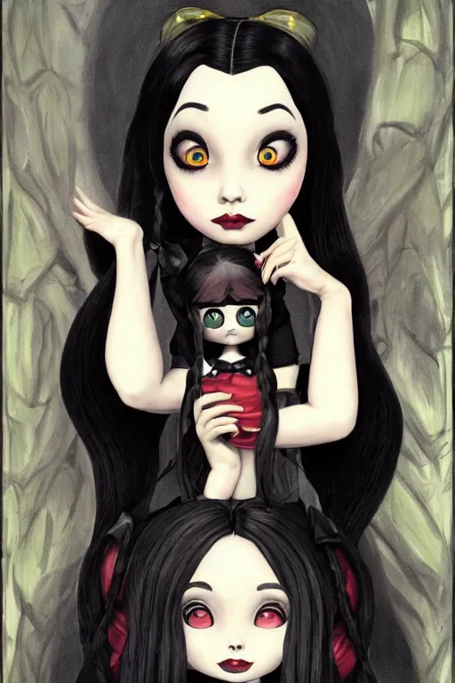 Image similar to beautiful cottagecore Ariana Grande as Wednesday Addams holding a Coraline doll, Black Hair, Goth, gothic, castlevania, intricate, elegant, highly detailed, digital painting, artstation, concept art, smooth, sharp, focus, illustration, art by artgerm and greg rutkowski and alphonse mucha