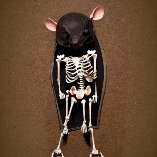 Image similar to rat skeleton halloween decoration, anthropomorphic rat in tattered black robes, photorealistic, artstation