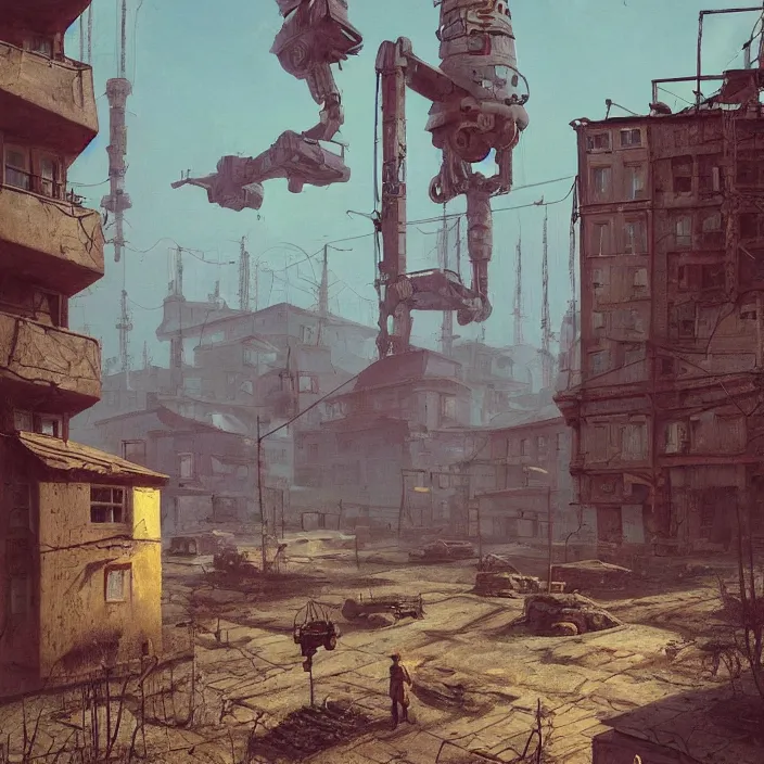 Prompt: a beautiful painting of old soviet village, robots, alien construction, by simon stalenhag and zdzisław beksinski and rene magritte and greg rutkowski, in style of digital art. hyper detailed, sharp focus, soft light. unreal engine 5. ray tracing. trending on artstation