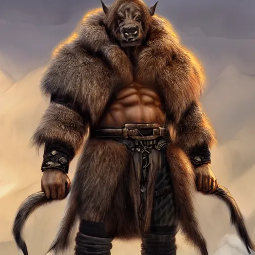 Image similar to A full body shot of a handsome orc looking into the camera wearing a fur jacket and boots, full body shot, artstation, realistic, highly detailed, symmetrical, hyper realism, high detail, octane render, unreal engine, 8k, fantasy art, intricate, highly detailed, concept art, art by artgerm