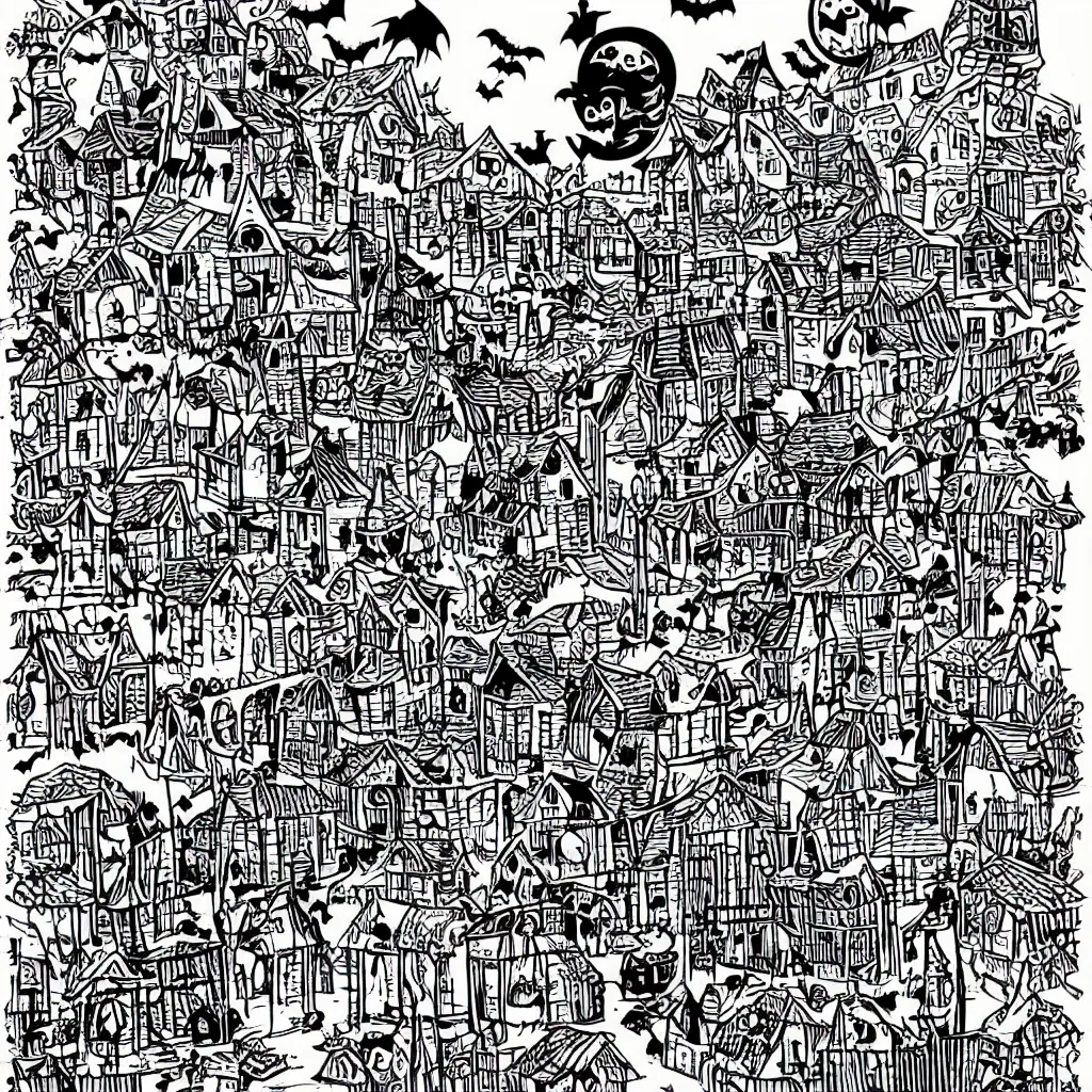 Prompt: blockprint flat illustration of a halloween town